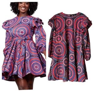 D'IYANU Anola Women's African Print Dress (Red Indigo Circles) NWT XL
